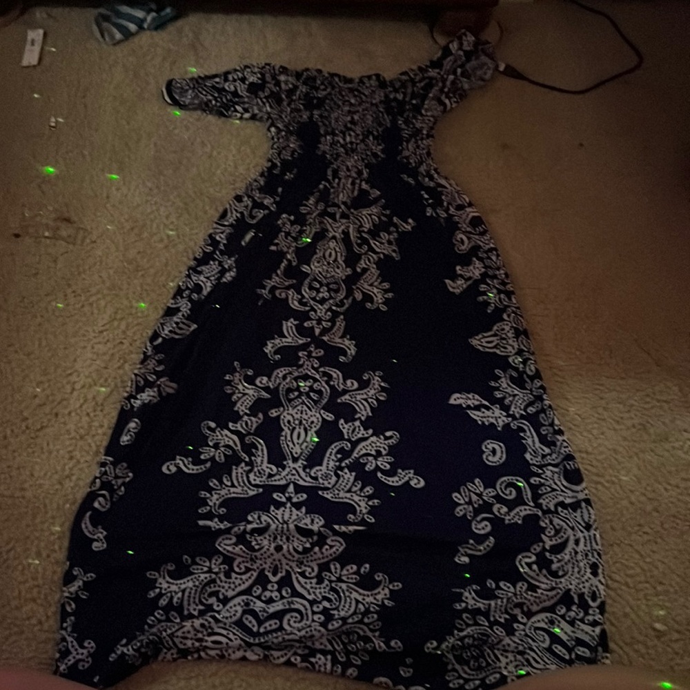 Ankle Length Dark Blue and White Dress